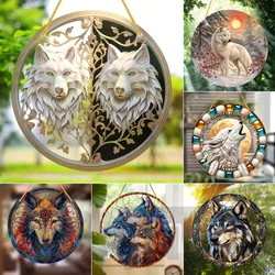 Wolf Suncatcher,round Acrylic Translucent Stained Window Hanging, Holiday Gift,Office,Garden,Club,Man Cave,Spooky Home Decor