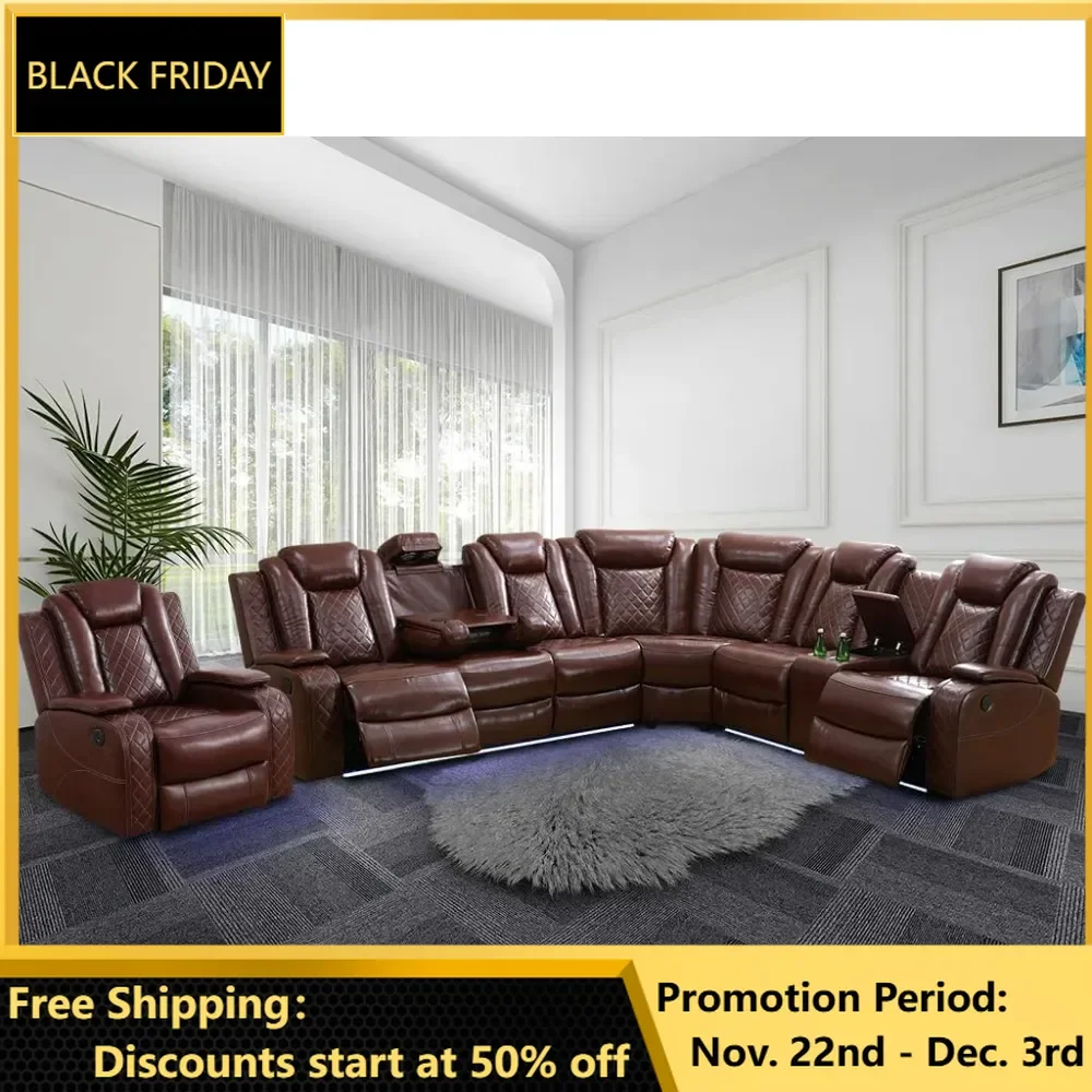 Recliner, Power Recliner Sofa Sectional Couches with LED Light, Leather Reclining Corner Sectional Sofa Set with 3 Recliner Seat