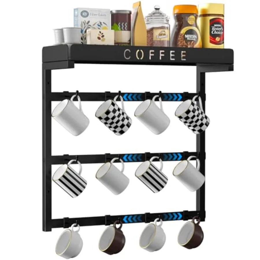 

Настенный держатель для кофейных кружек с 12 подвижными крючками, металлическая подставка для чашек с верхней полкой, настенная вешалка для кружек для дома и кухни