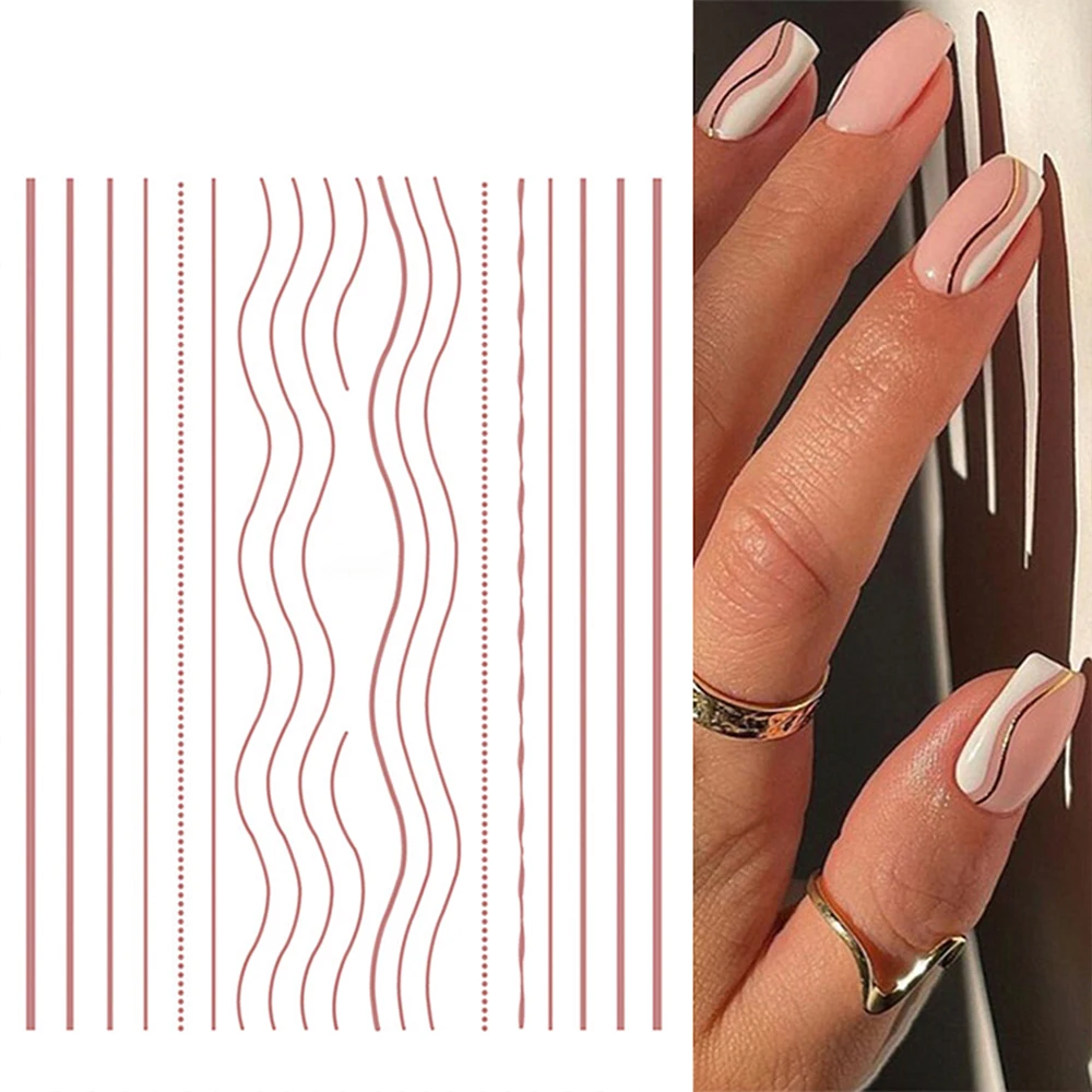 1Pcs French Tips Nail Stickers 3D Gold Rose Curve Stripe Lines Tape Swirl Sliders Manicure Adhesive Gel Nail Art Decals*NL42-153