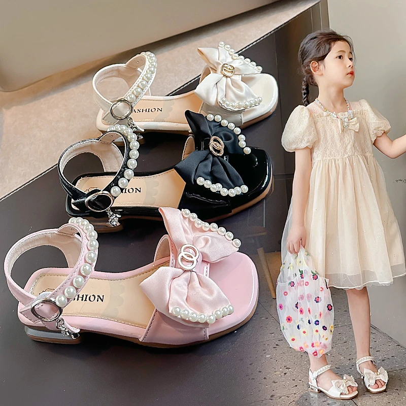 Children\'s Fashion Sandals Pink Fish Mouth Soft Bottom Bow Princess Shoes Summer New Beige Pearl Kids Single Shoes Sandals