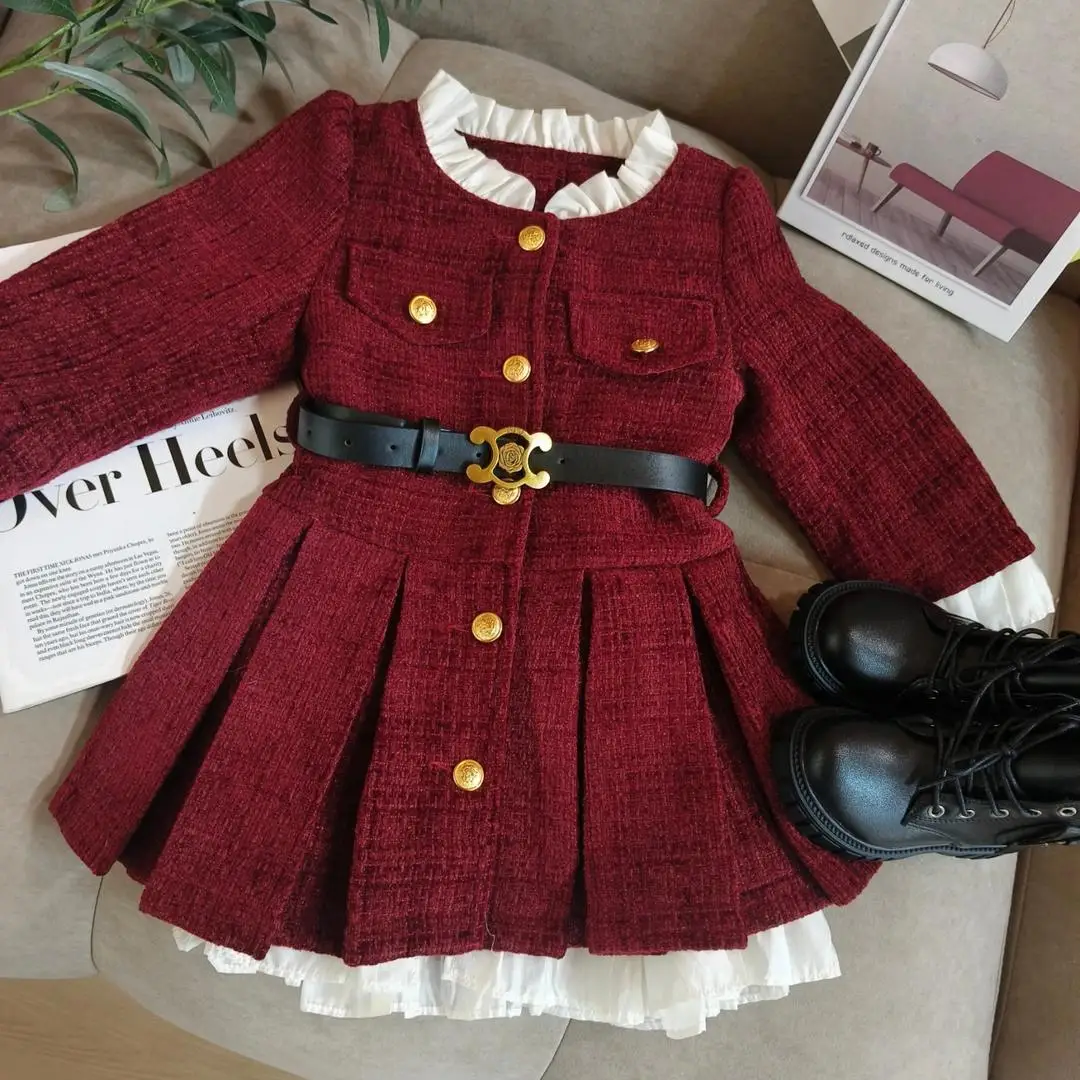 

Girl Dress Autumn Winter Christmas 2024 New Year Red Add Velvet Lovely Princess Casual Simple Fashion Sweet Korean Activintage