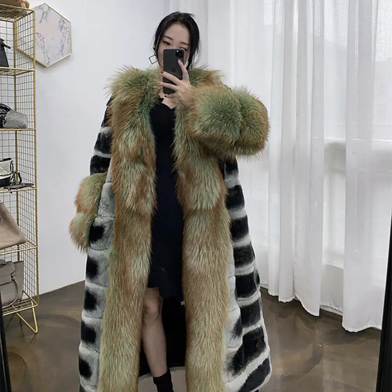 Luxury Elegant Women Genuine Rex Rabbit Fur Long Coat Fox Fur Collar Cuff Trim Overcoat Winter Warm Natural Fur Thick Outwear