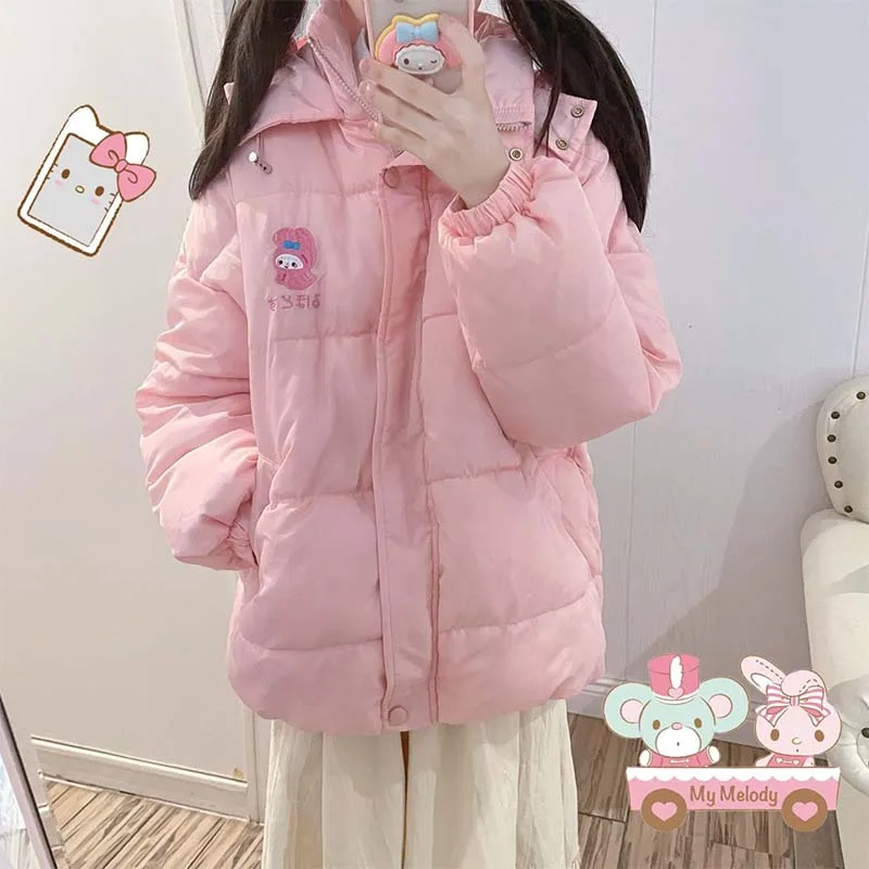 Kawaii Padded Jacket My Melody Kuromi Cinnamoroll Cartoon Embroidery Quilted Coat Autumn and Winter Warm Coats Friend Gift