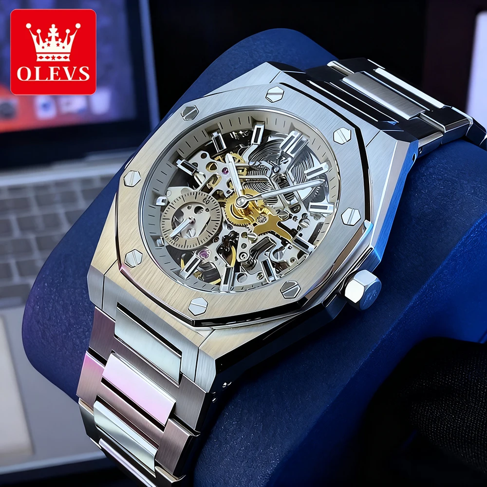 ساعات رجالية فاخرة من OLEVS مصنوعة من الفولاذ الناعم مفرغة ذاتية الملء دولاب الموازنة وحركة الياقوت ساعة يد ميكانيكية أوتوماتيكية 6669 #3
