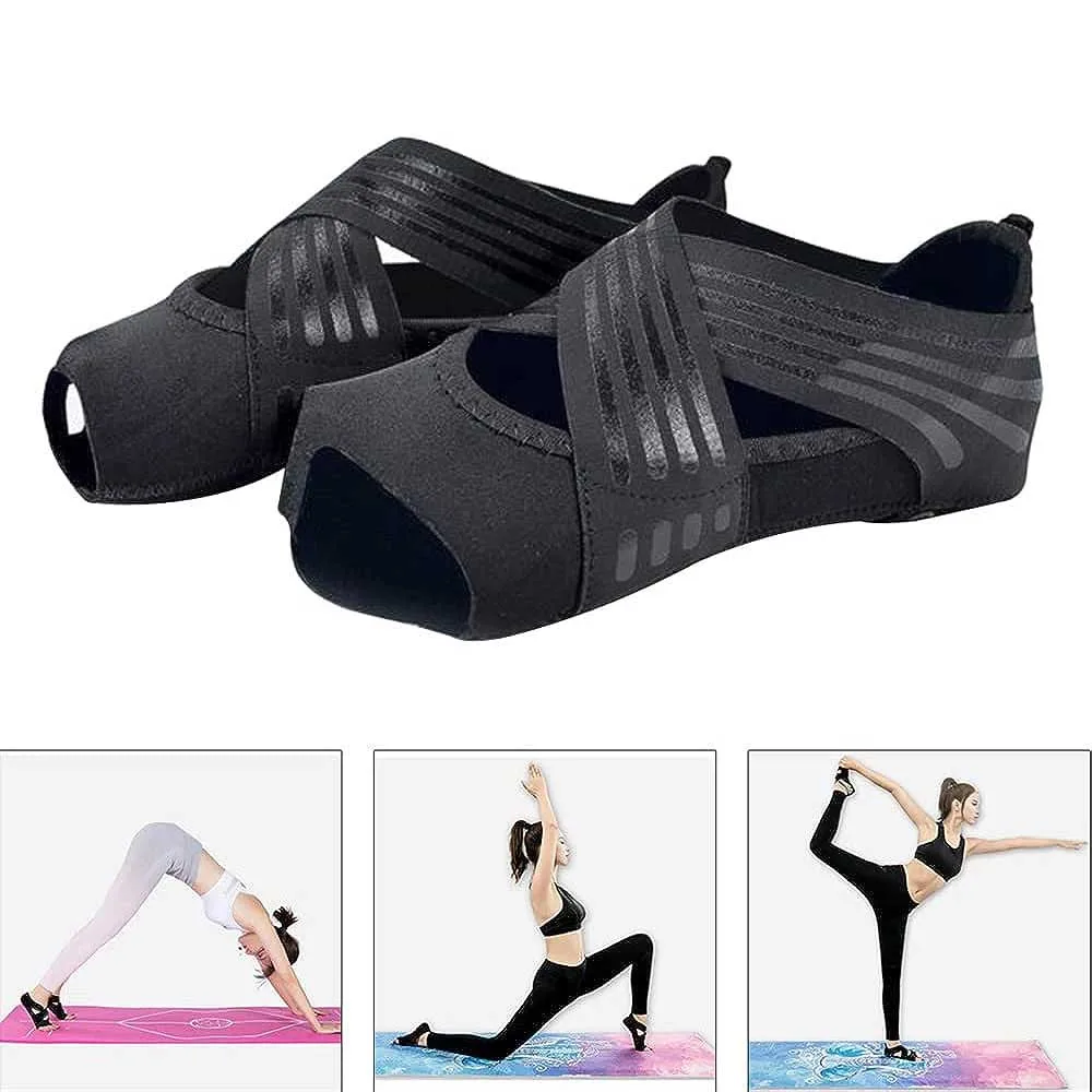 1Pair Yoga Socks Toeless Non-Slip Grips & Straps, for Pilates, Barre, Ballet, Bikram, Dance, Workout Shoes for Women