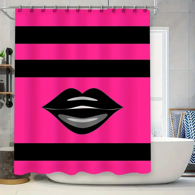 

Ярко-розовая черная полосатая занавеска для душа с дизайном губ для декора ванной комнаты, водонепроницаемая подкладка для ванны
