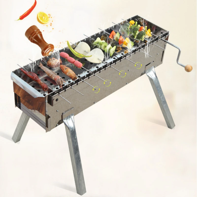 Outdoor Barbecue Grill Rotating Manual Outdoor Charcoal Grill Meat Portable Stainless Steel Grill Household Use