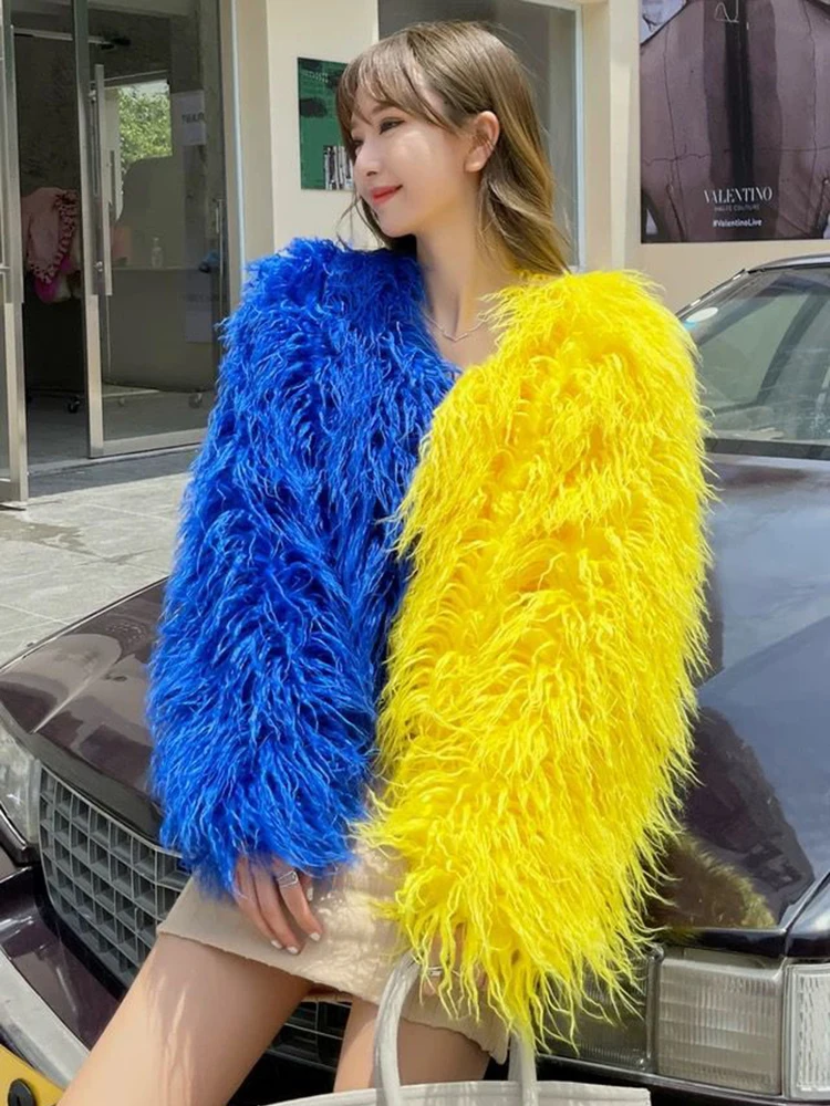 Zadorin vrouwen unieke contrastkleur pluizige faux bontjas lange mouw faux schapenbont jas voor vrouwen bontjassen festival kleding