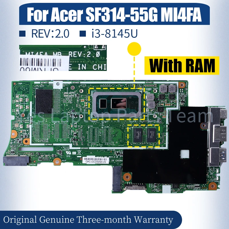 For Acer Swift SF314-55 SF314-55G Laptop Mainboard NBH3X1100 SRD1V i3-8145U With RAM Notebook Motherboard 100％ Tested image 2