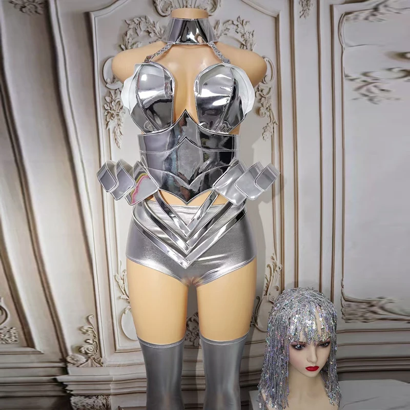 Silver Armour Drag Queen Outfit Women Gogo Nightclub Stage Wear Festival Party Show Clothes Carnival Costume Pole Dance Outfit