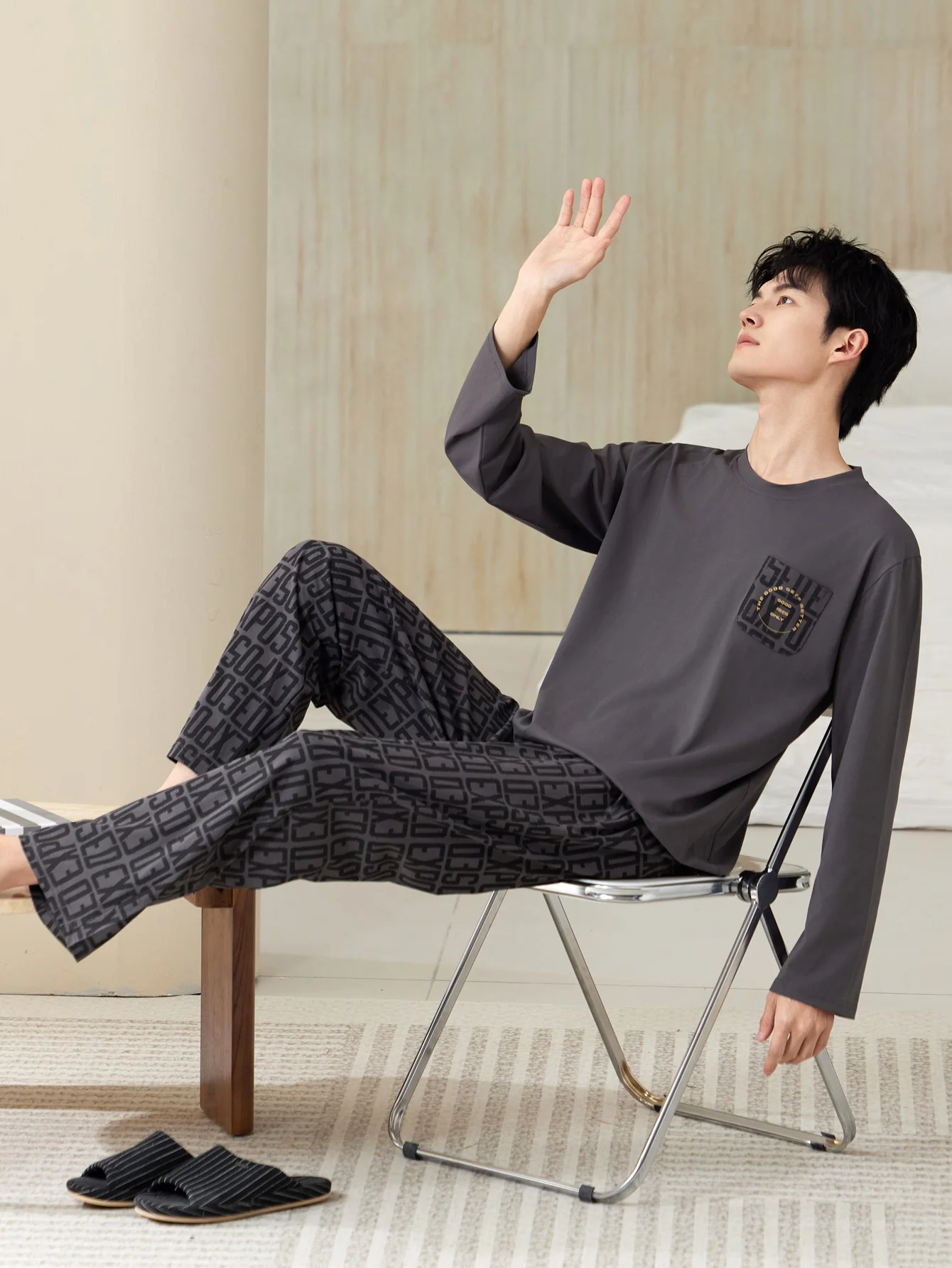 Męska piżama z długim rękawem, wykonana w 100% z bawełny, na cztery pory roku, w dużych rozmiarach, młodzieżowy komplet domowy z czystej bawełny zapewniający ciepło.