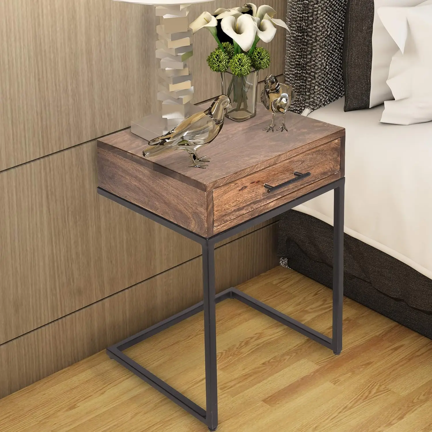 Mango Wood Side Table With Drawer And Cantilever Iron Base, Brown And Black