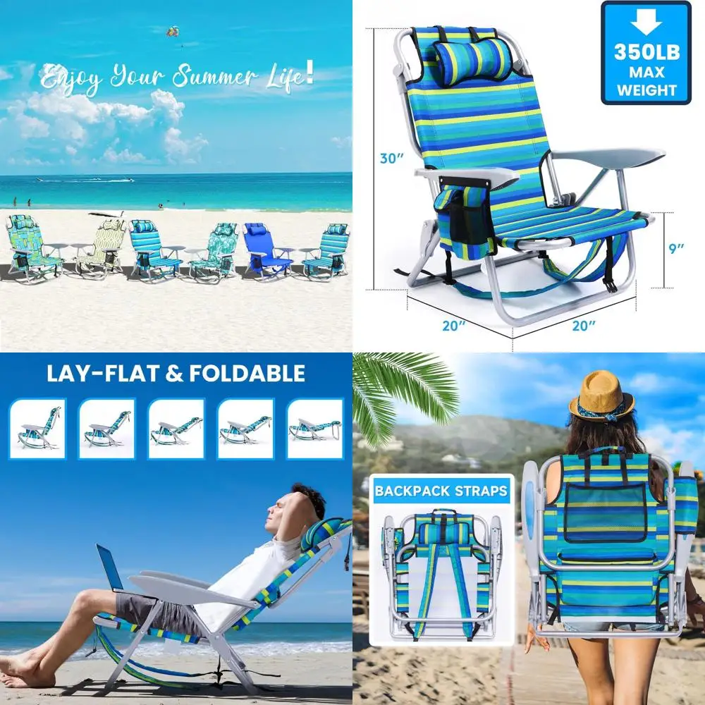 

Compact Folding Beach Chair for Adults with Backpack, 5 Recline Positions, Headrest, Cup Holder, Ocean Stripe Pattern