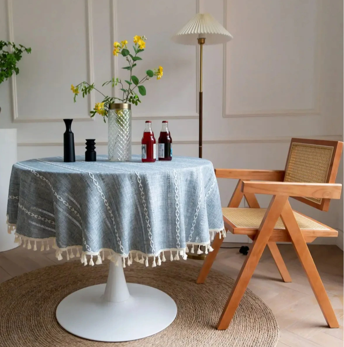 

Round Tablecloth Cotton Linen Tassel for Kitchen Dinning PartyTabletop Decoration Dust-Proof Farmhouse Heavy Weight Stitching