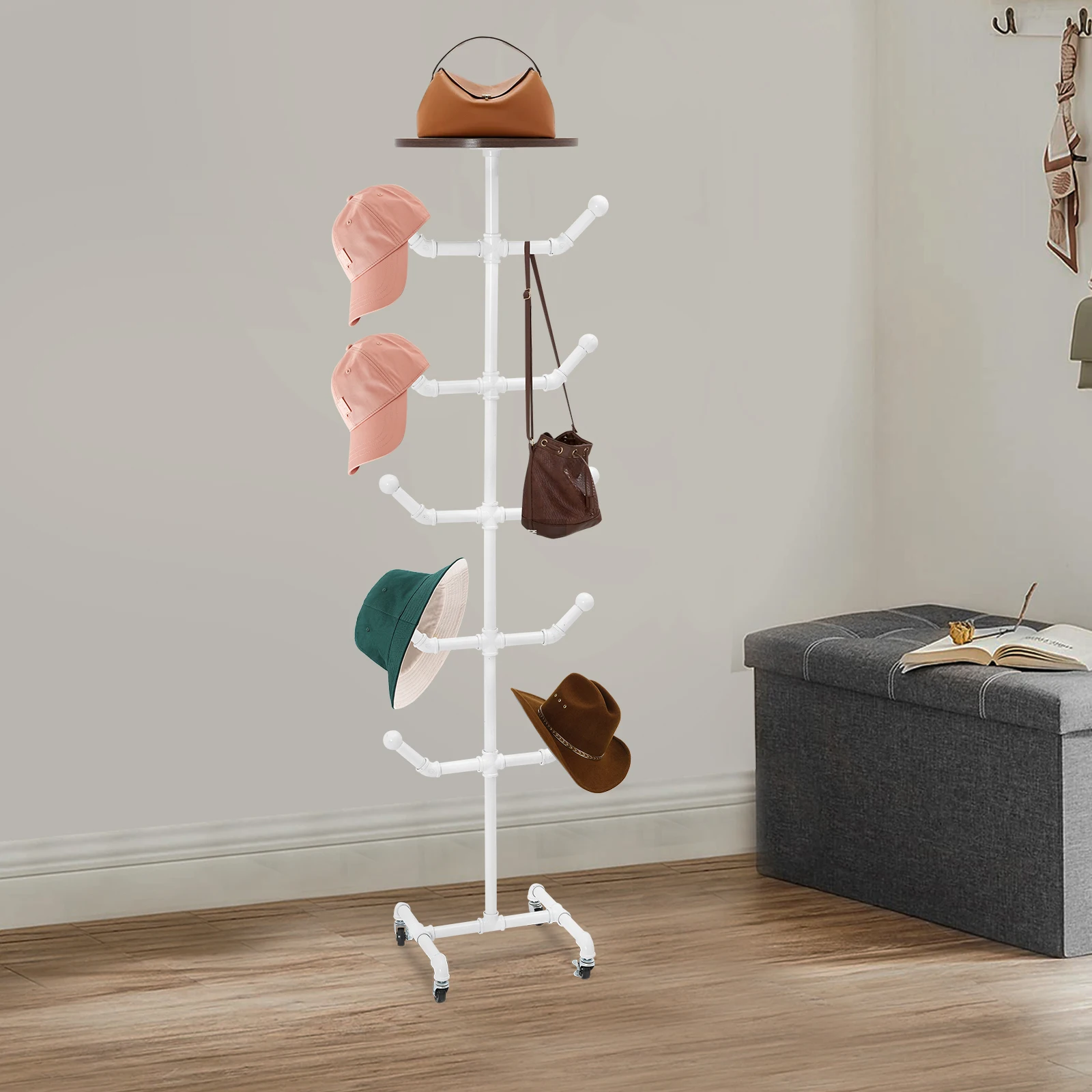 Hat Display Stand, Steel  Freestanding Coat & Hat Rack Stand, Moving Hats Tree Organizer with 10 Hooks for Entryway, Hallway, Bedroom, Office