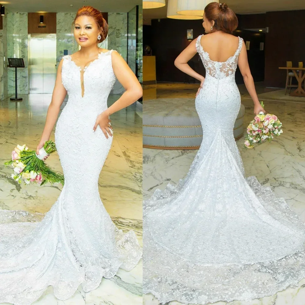 

Customized Spaghetti Strap Full Lace Wedding Dress Chapel Train Vestidos De Novia Beach Backless Nigeria Bridal Gowns
