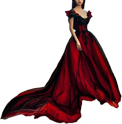 Black And Red A-Line Wedding Dress Off The Shoulder Vintage Gothic Bridal Gowns Lace Appliques Corset Vestido Customized Robe