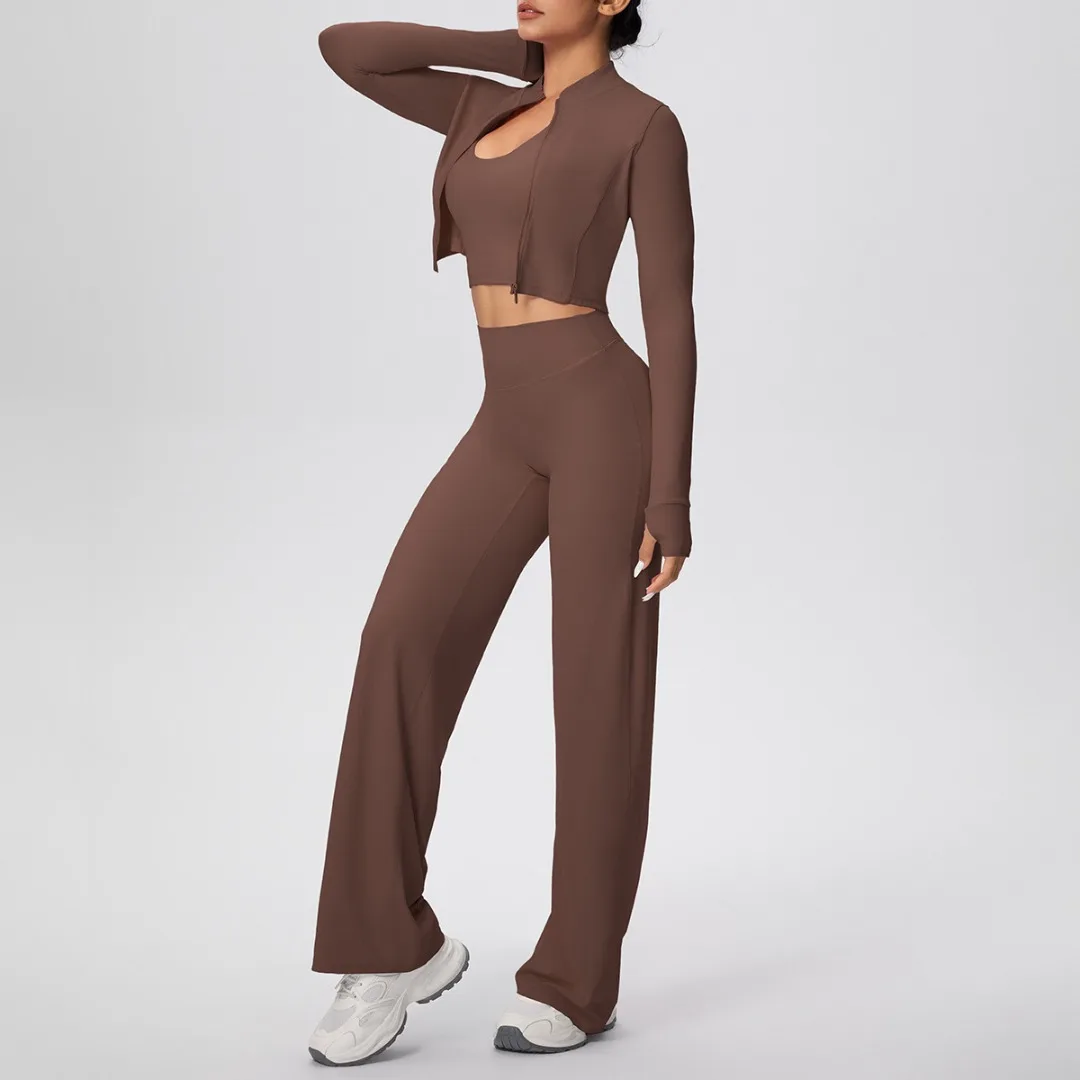 

Женский матовый облегающий топ на бретельках с бретелькой на шее, комплект для йоги, спортивный персиковый комплект с широкими штанинами, длинный повседневный комплект из трех предметов для бега, фитнеса, йоги