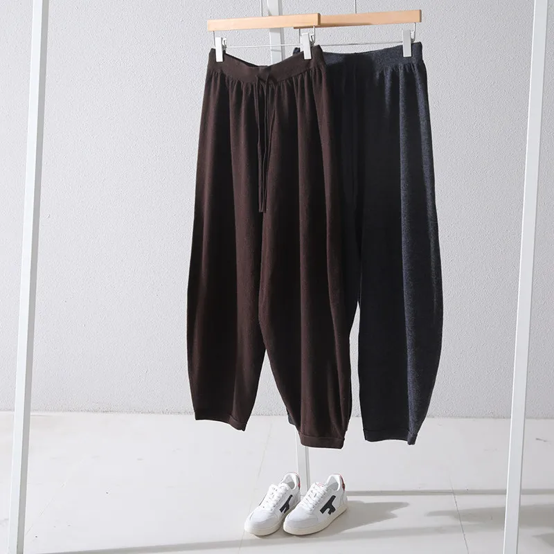 Autumn and Winter Warm Drawstring Elastic High Waist Cocoon Pants Wool Cashmere Knitted Pants for Women