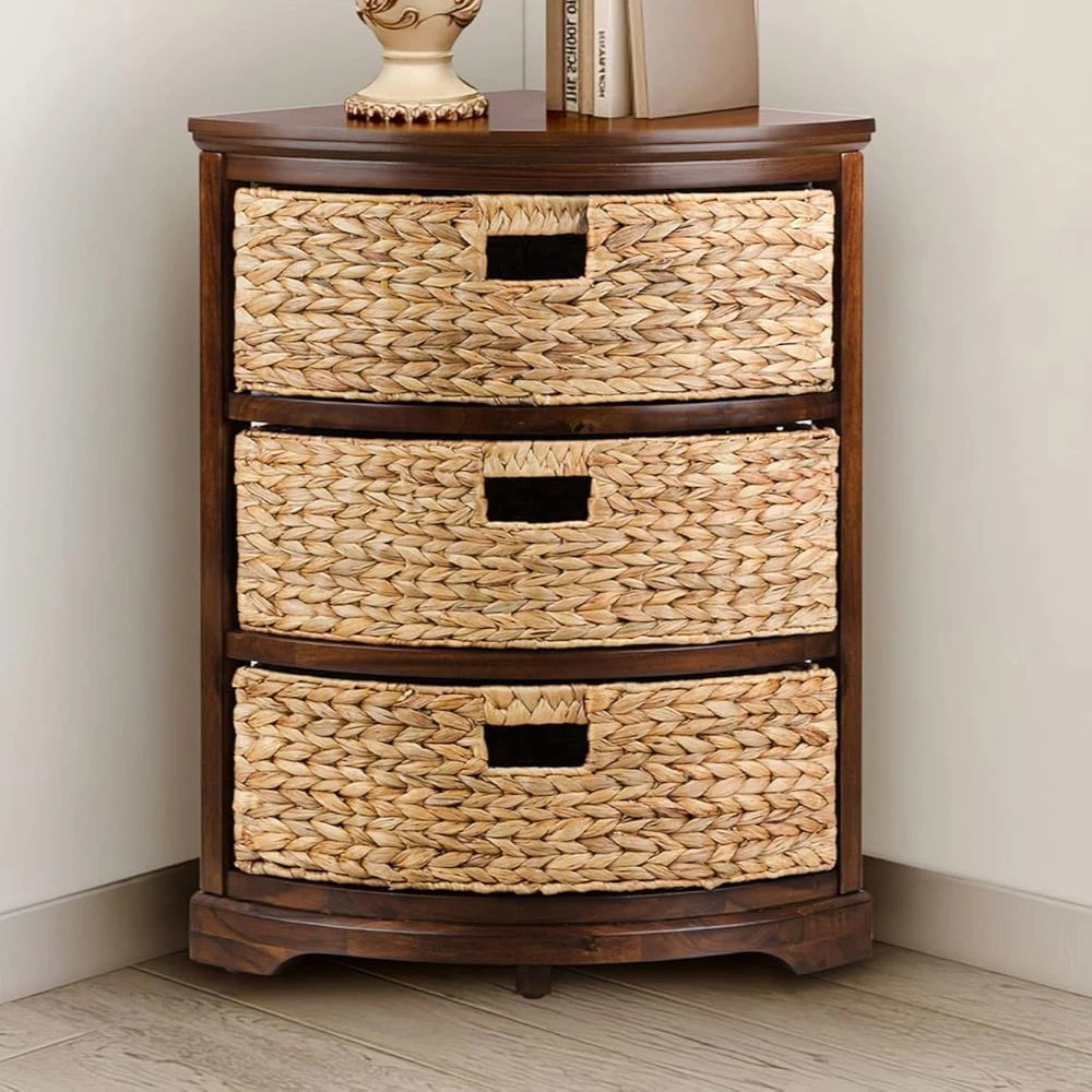 

Hampton Meadows 3 Tier X-Side Corner Table Storage Cabinet with 3 Wicker Baskets, Walnut，14 D x 14 W x 25.5 H inches