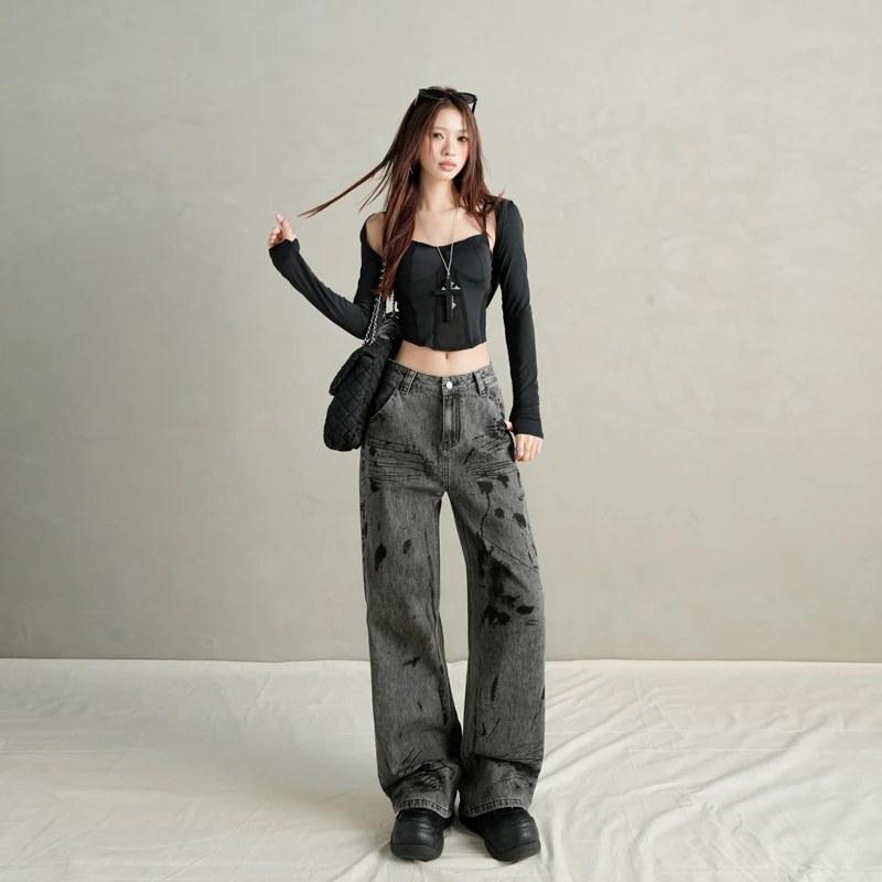 Blackgrey Tie-dye Retro Jeans Y2k Streetwear Casual Loose Vintage Straight Jeans Femme Dazan2025 High Waisted Denim Trousers