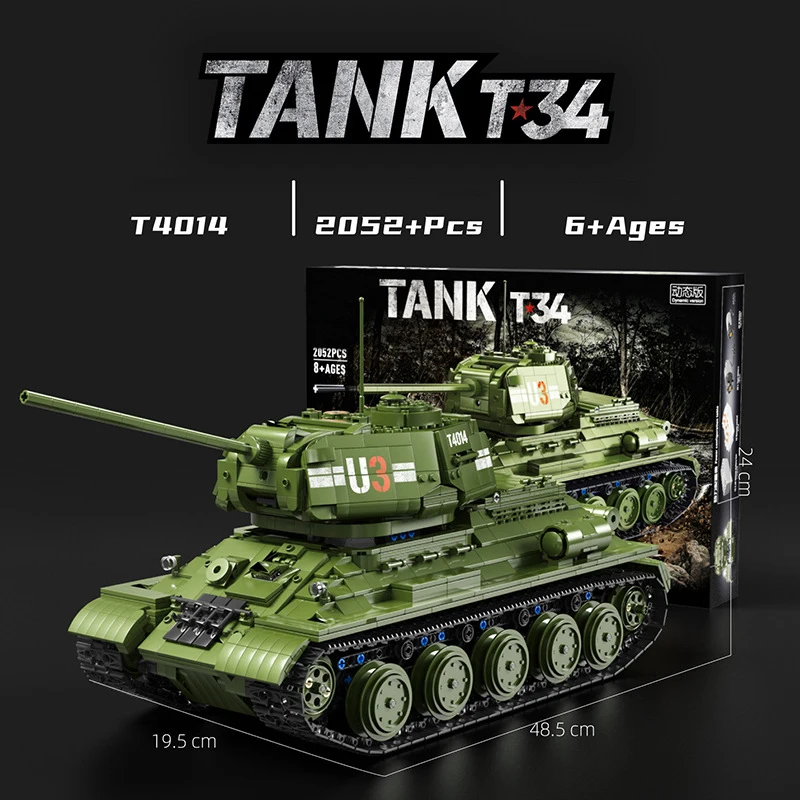 New Ww2 Military Remote Control T34 Tank Building Blocks Model Moc Idea Weapon Bricks Assembling Toys for Children Birthday Gift