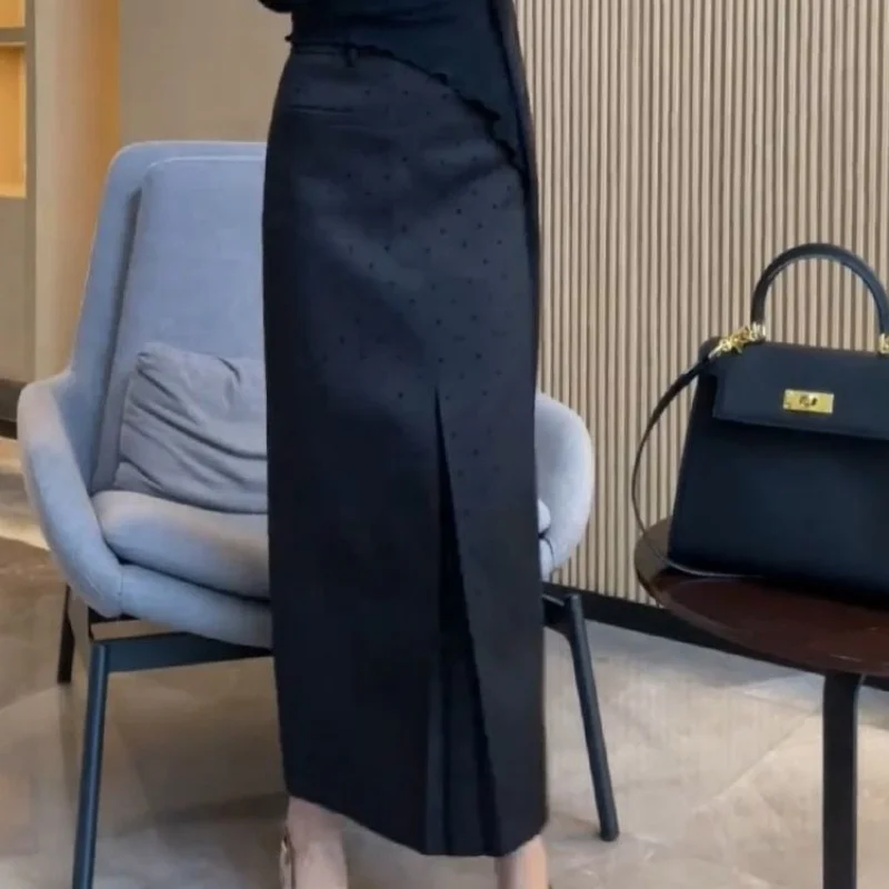New Office Lady Polka Dot Printed Skirt Women French Elegant High Waist Autumn Split Slim Midi Skirts Fashion Jupe