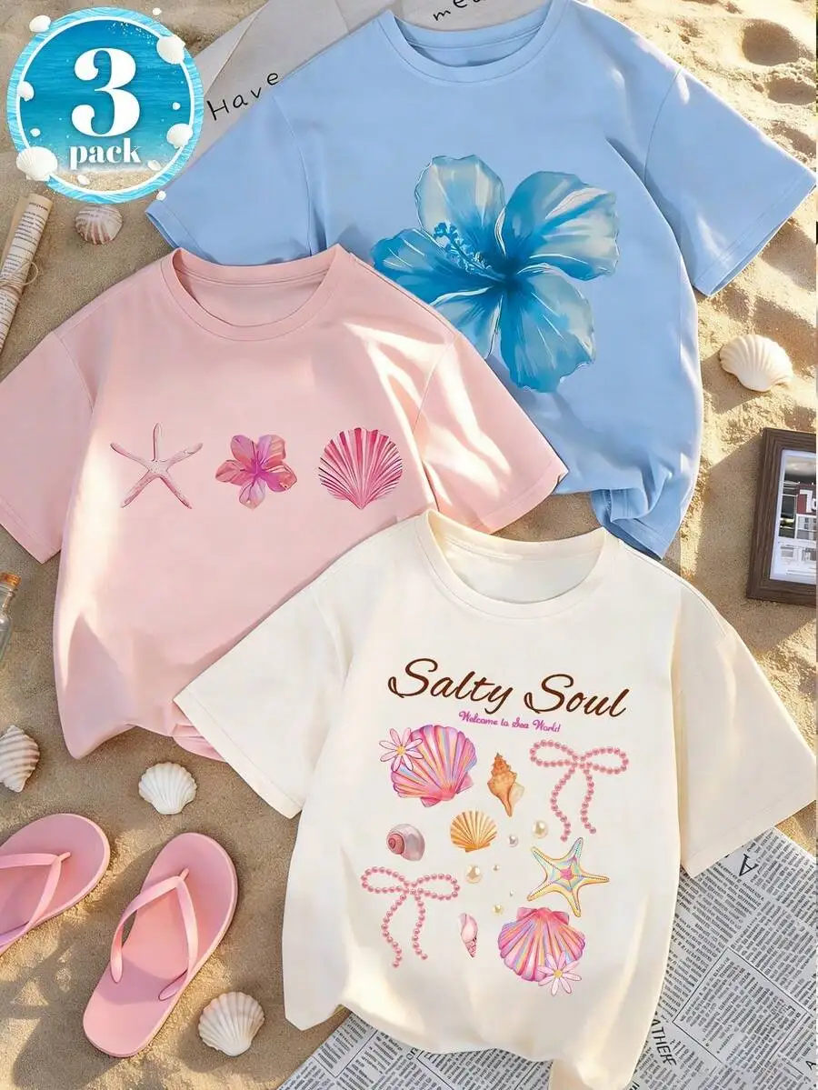 3-Pack Coquette Mermaidcore Aesthetic T-Shirt Pack Cute Coquette Bow Shell Starfish Graphic Tee Salty Soul Beach Vacation Outfits