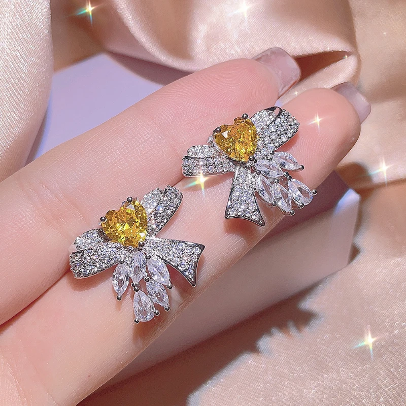 Luxury Women\'s Jewelry Set Yellow Heart Zircon Bow Necklace 925 Sterling Silver Ring Fashion High Class Banquet Party Jewelry