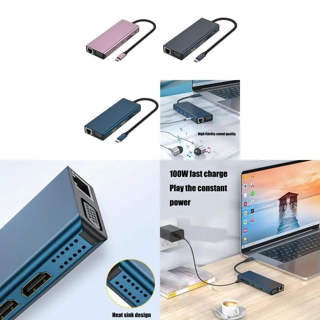 

Док-станция R53C Адаптер для двух мониторов Адаптер USB C 12 в 1 с VGA Gigabit Ethernet 4 порта USB Кардридер