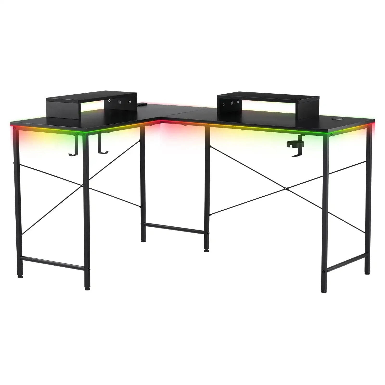 L-Shaped Gaming Table with RGB Light and Removable Storage Shelve for All Age , Black