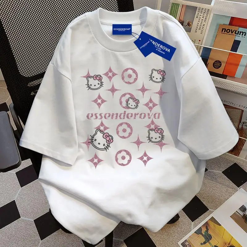 Hot Summer Cartoon Hello Kitty Trend Women Tshirt Cute Japanese Letter Printing Breathable Personality Round Neck Top T Shirt