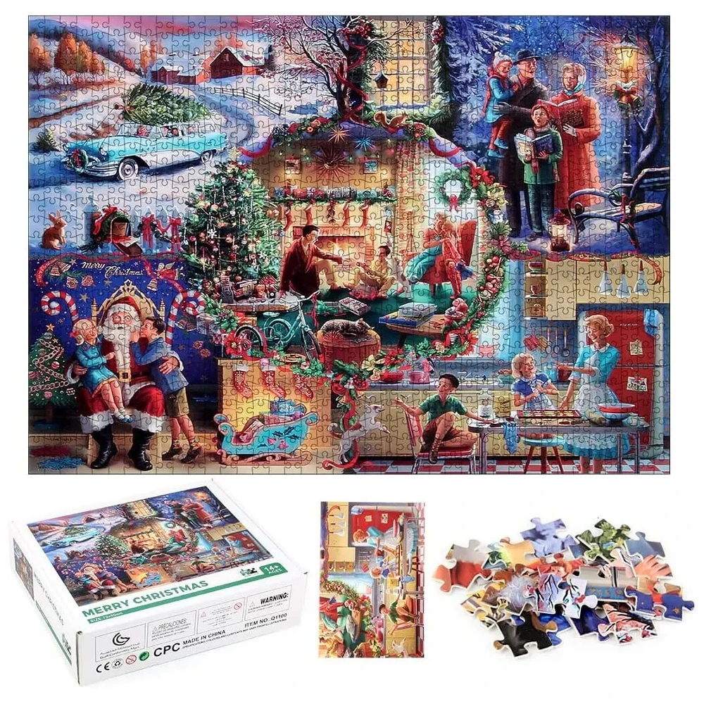 عيد ميلاد سعيد - أحجية الصور المقطوعة مكونة من 1000 قطعة مع سانتا كلوز وعناصر العطلات