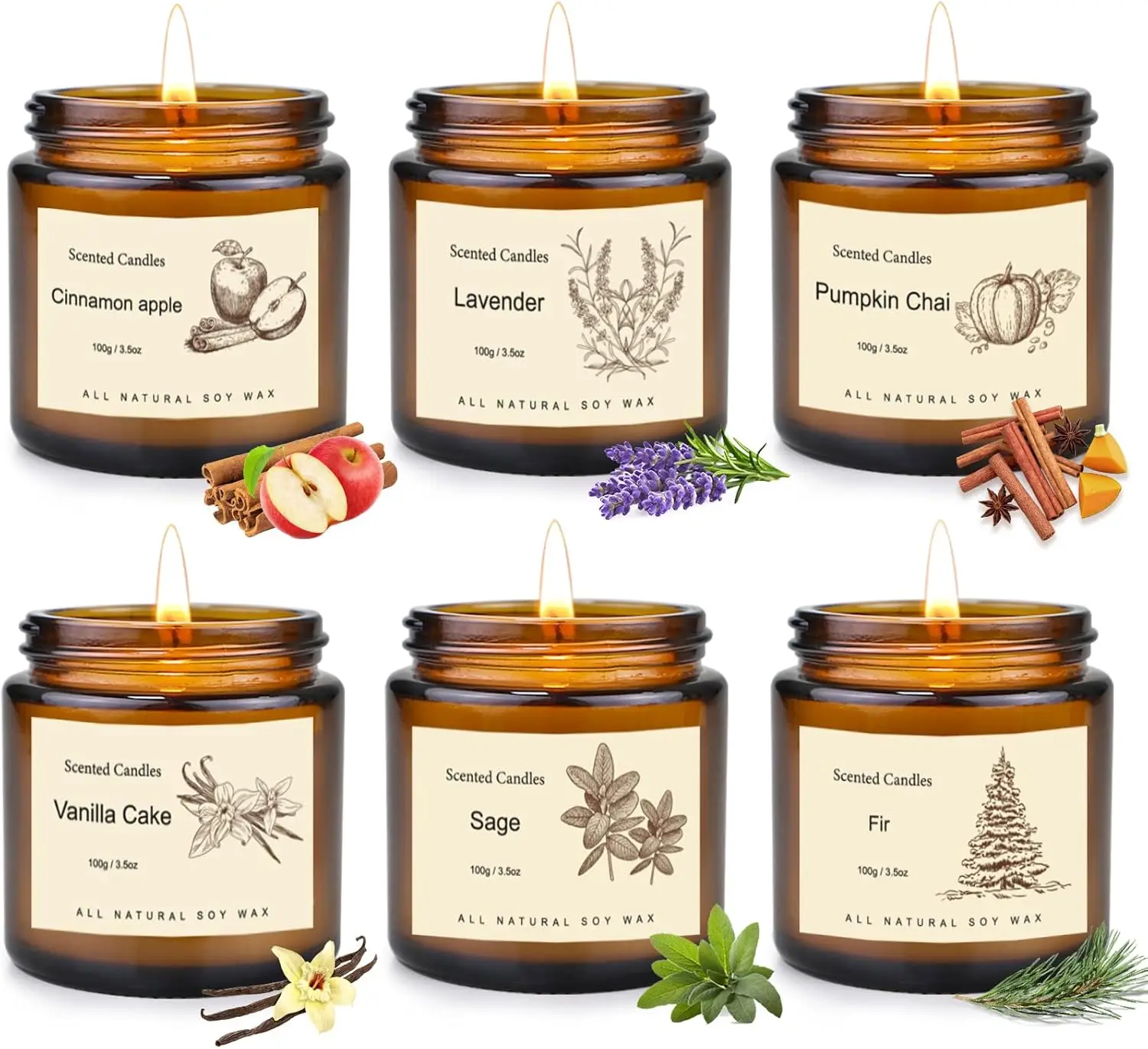 Paquete de 6 Velas Aromáticas de Soya, Regalos Festivos de Larga Duración con Aromaterapia de Canela y Manzana, Chai de Calabaza y Vainilla