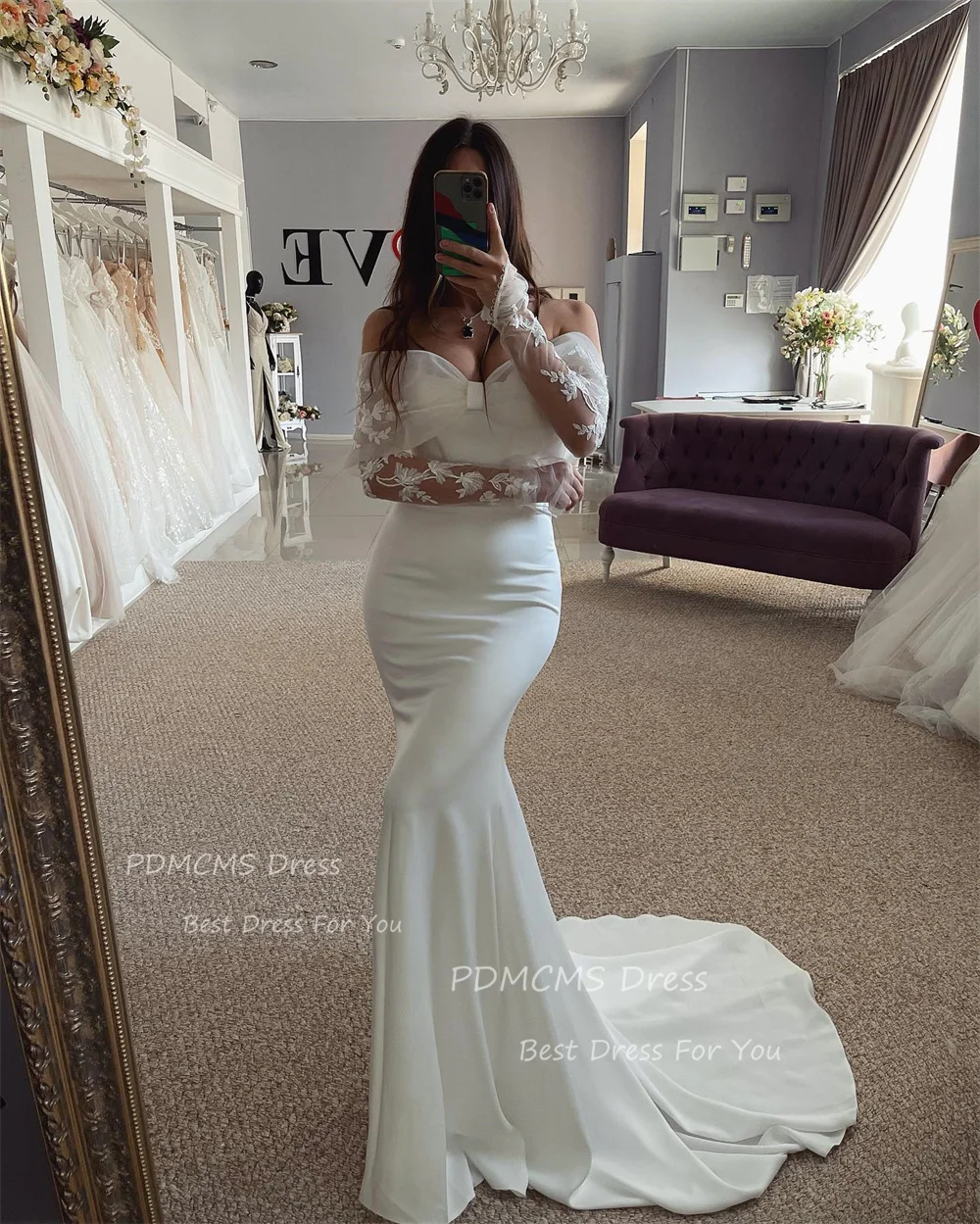 

Elegant Off Shoulder Bride Dresses Long Sleeves Custom Made Mermaid Wedding Dress Robe De Mariée Satin Lace Evening Gown Bridal