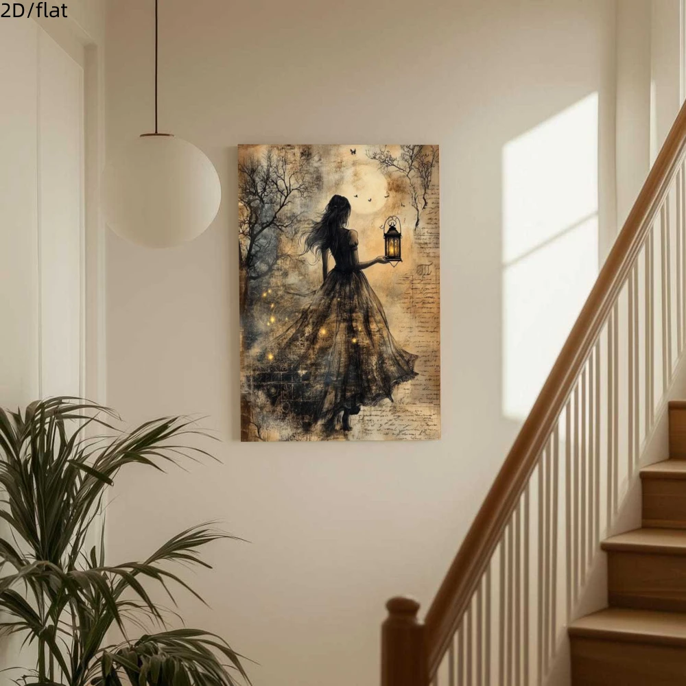 2D Flat Fabric Wall Hanging, Black Print of Girl With Lantern in Moonlit Forest Wooden Framed Ready‑to‑Hang Wall Art