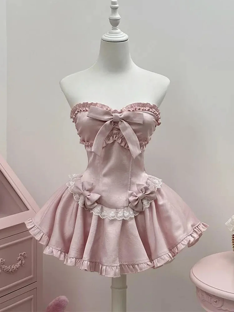 

Нежное мини-платье без бретелек для женщин, летнее, без рукавов, с бантом, кружевными вставками, в стиле французской принцессы, с оборками, кавайное, розовое