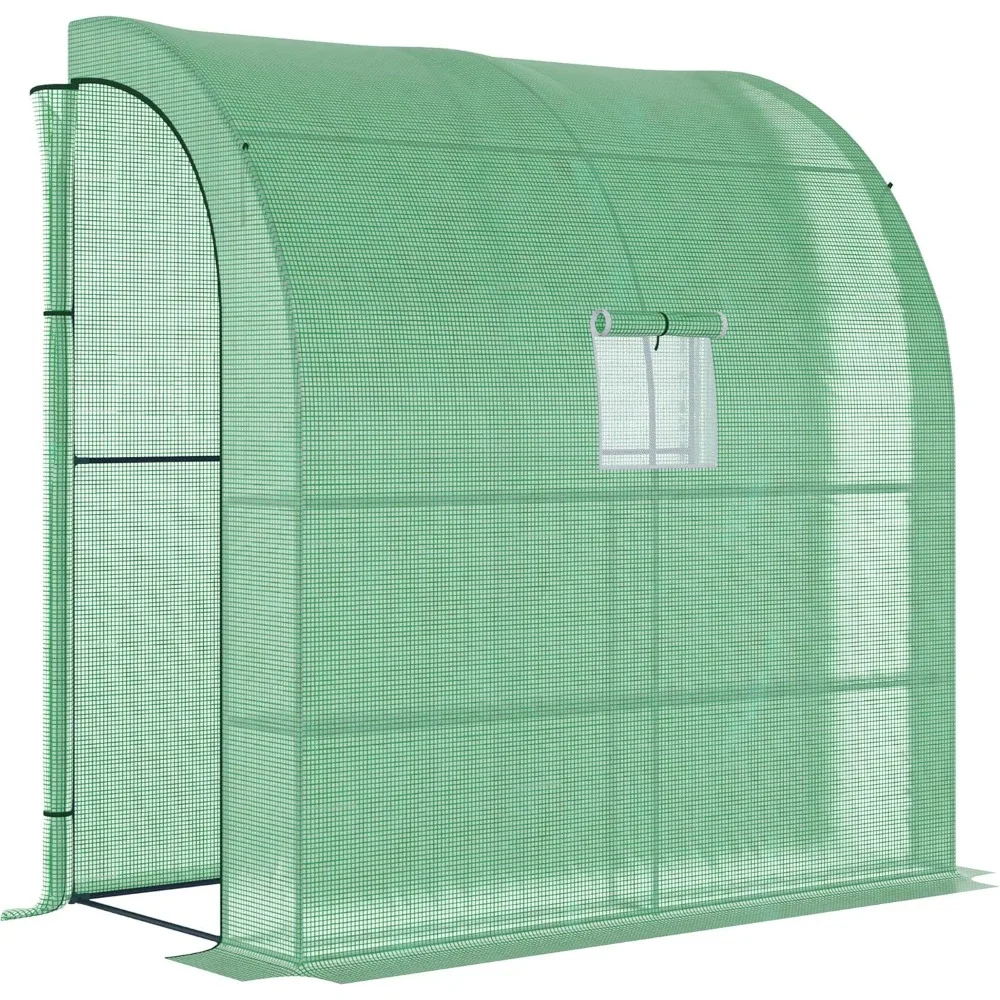 7' x 3' x 7' Lean to Greenhouse, Plant Nursery with 2 Roll-up Doors and Windows, PE Cover and 3 Wire Shelves, Greenhouses