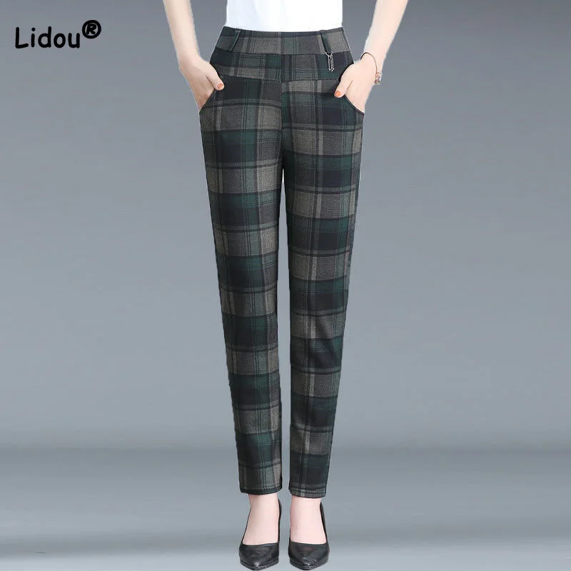 Spring Autumn Casual Plaid Printing Trousers Women\'s Pockets Patchwork Vintage Elastic High Waist Black Straight Pants Trend