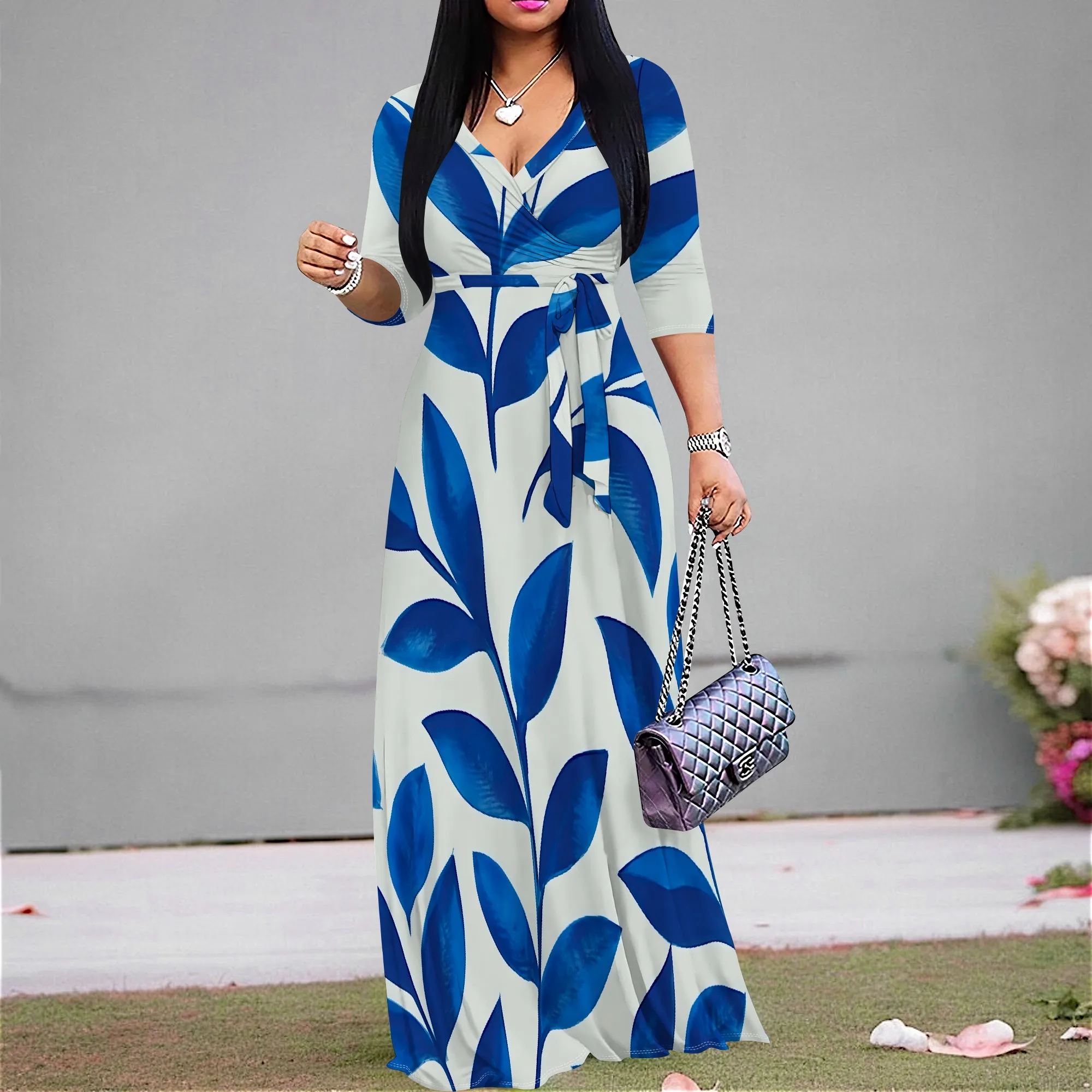 

Women's Boho Tropical Floral Print Maxi Dress V-Neck 3/4 Sleeve Belted Sundress XS-3XL For Summer Party Beach Vacation