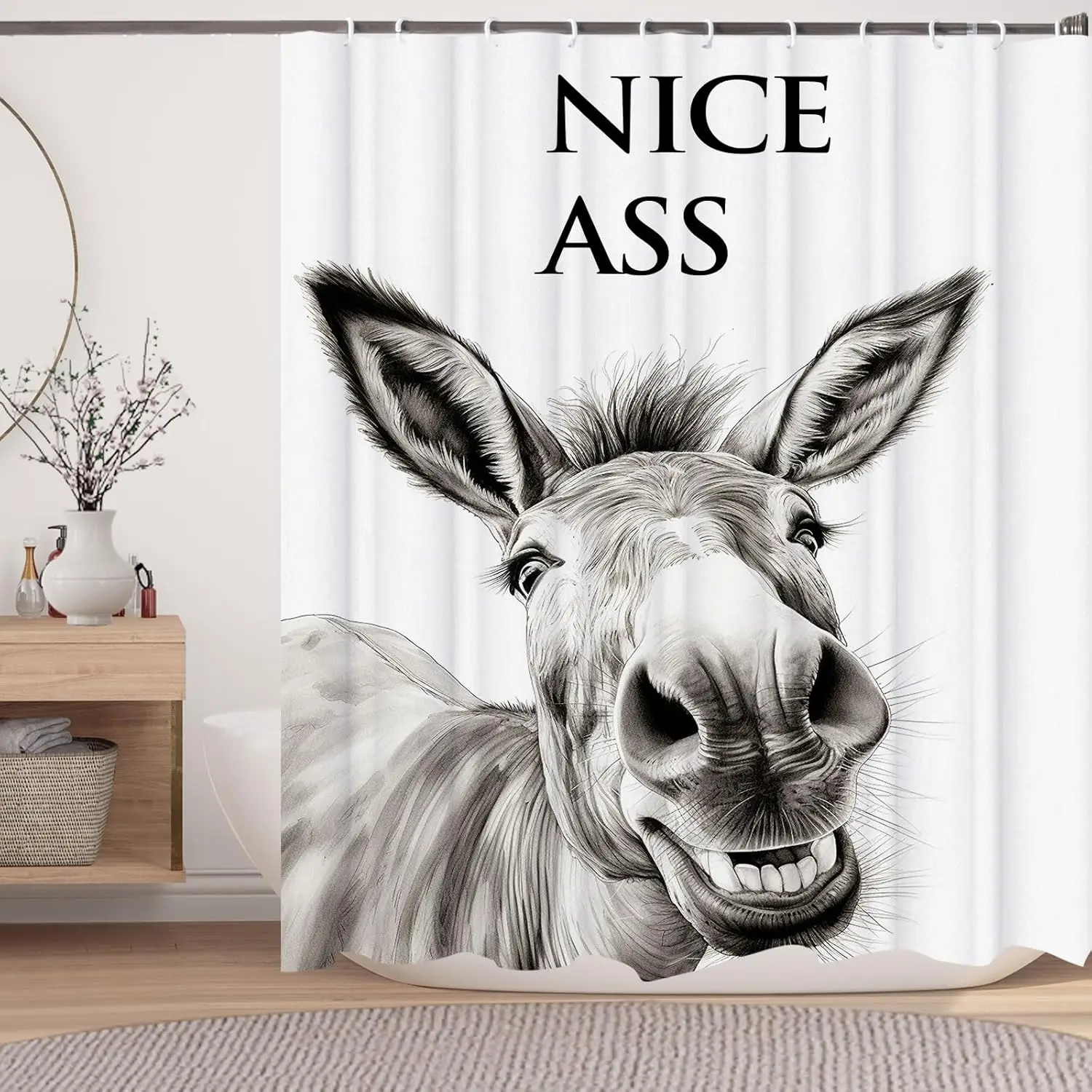 Funny Donkey Shower Curtain with Nice Ass Text Humor Art for Bathroom Decor