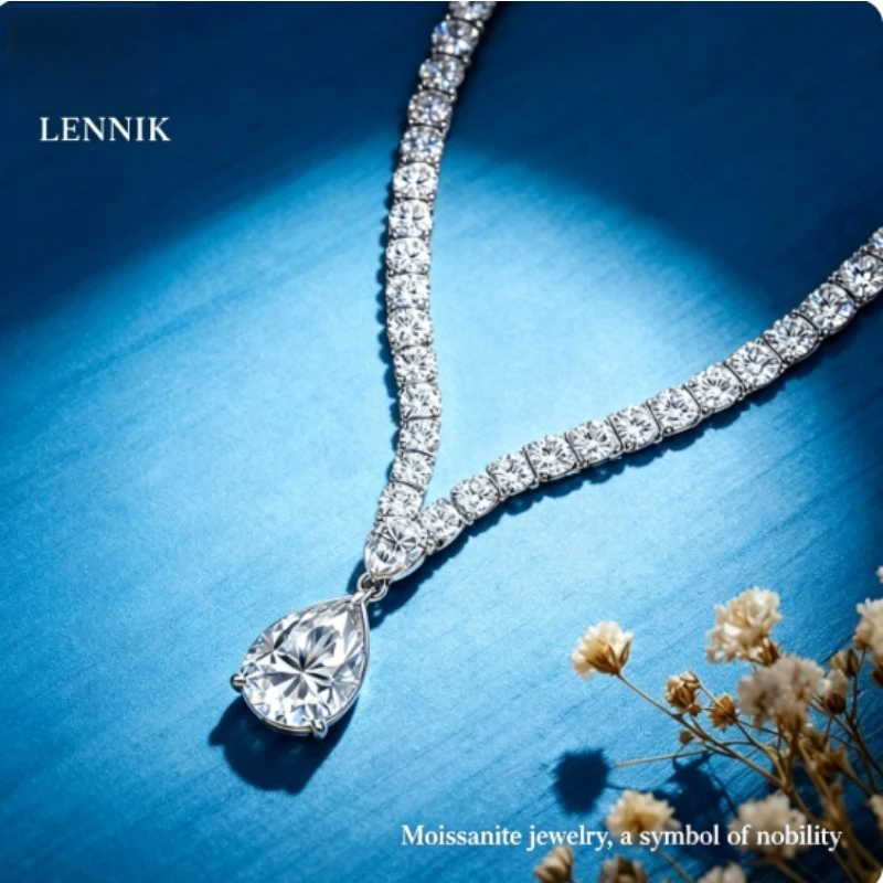 LENNIK Luxury Pear Cut Full D Color Moissanite Tennis Neck Chain Woman s925 Silver All Lab Diamond Party Bridal Necklaces Gift