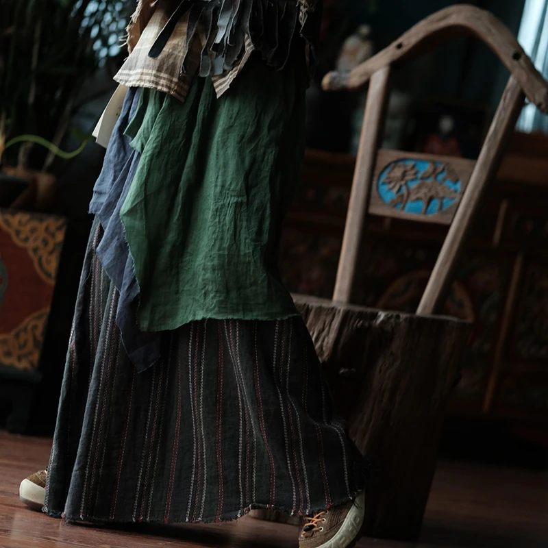 

Women Casual Linen Skirt New Arrival 2026 Summer Vintage Style Patchwork Color Loose Comfortable Female A-line Long Skirts M2733