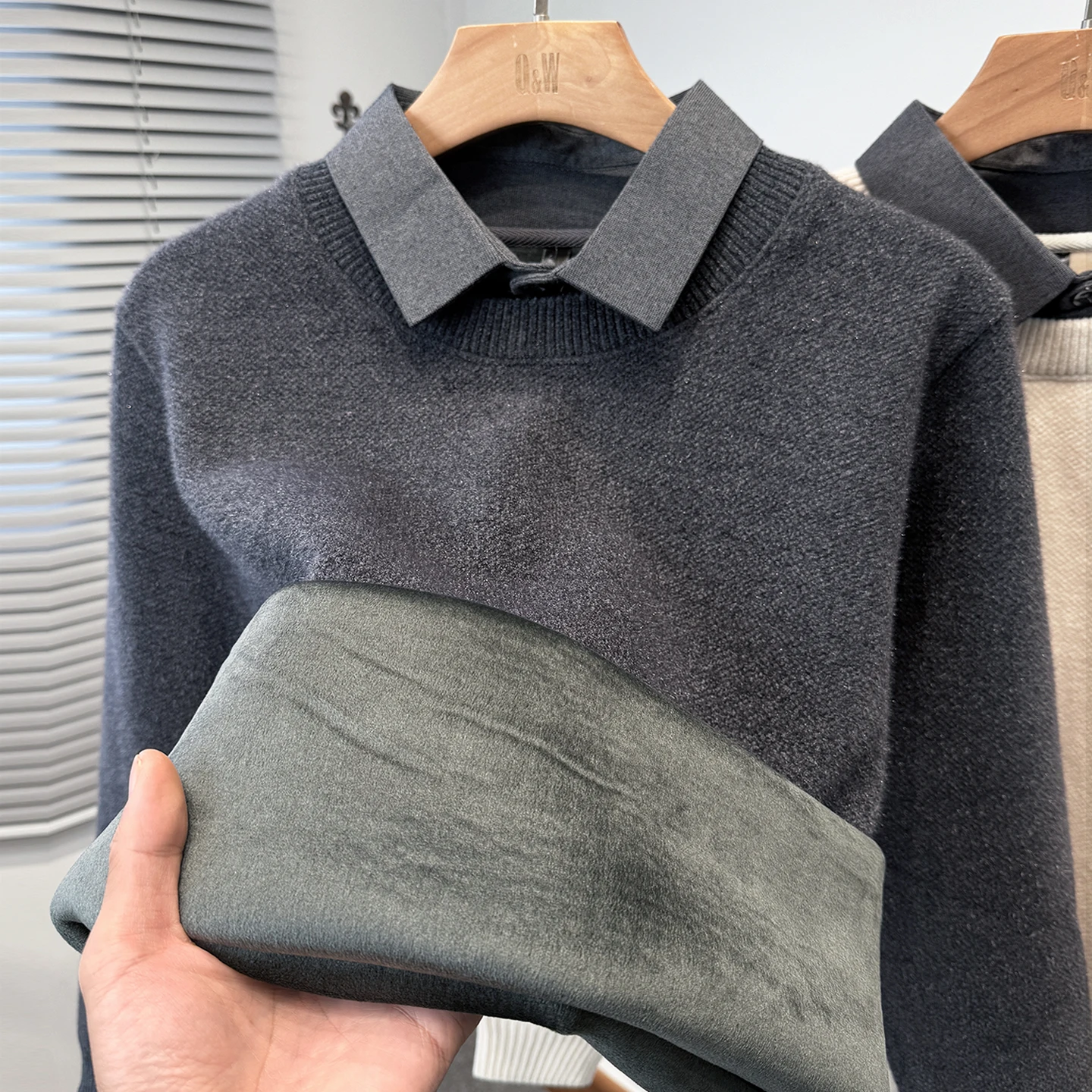 

Мужской вязаный свитер с воротником-стойкой Thiened Fce, повседневный, для ношения под одеждой, теплый зимний топ, имитация двухслойности, стандартный крой