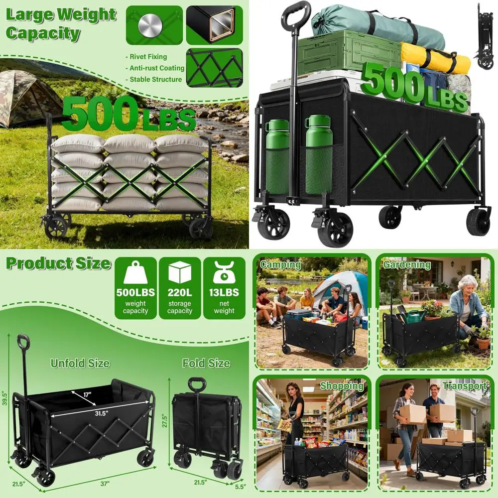 

Collapsible 500 lbs Wagon Cart with All-Terrain Wheels for Outdoor, Camping, Gardening, and Shopping