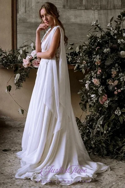 JUSTLNTIME Boho Deep V-Neck Lace Applique A-Line Wedding Dress Cape Sleeve Sweep Train Chiffon 2026 Customized свадебное платье