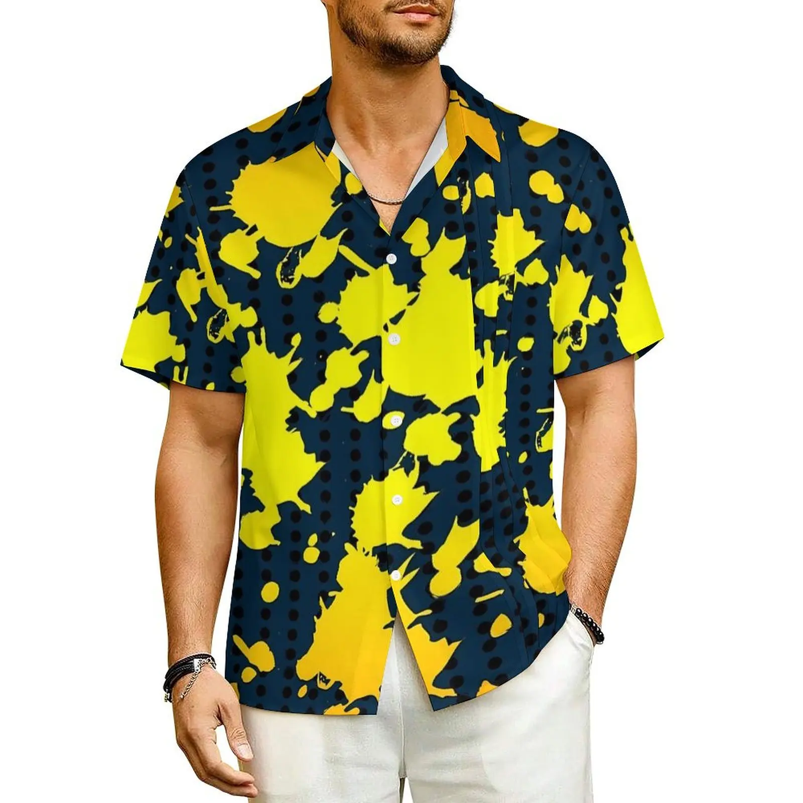 

Brush Print Vacation Shirt Man Gradient Splash Elegant Casual Shirts Hawaiian Short Sleeve Fashion Graphic Oversized Blouses