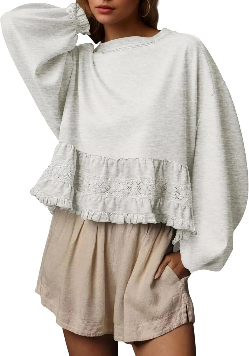 

Crew Neck Crop Oversized Sweatshirts For Women Casual Long Puff Sleeve Babydoll Tops Loose Lace Patchwork Peplum Top