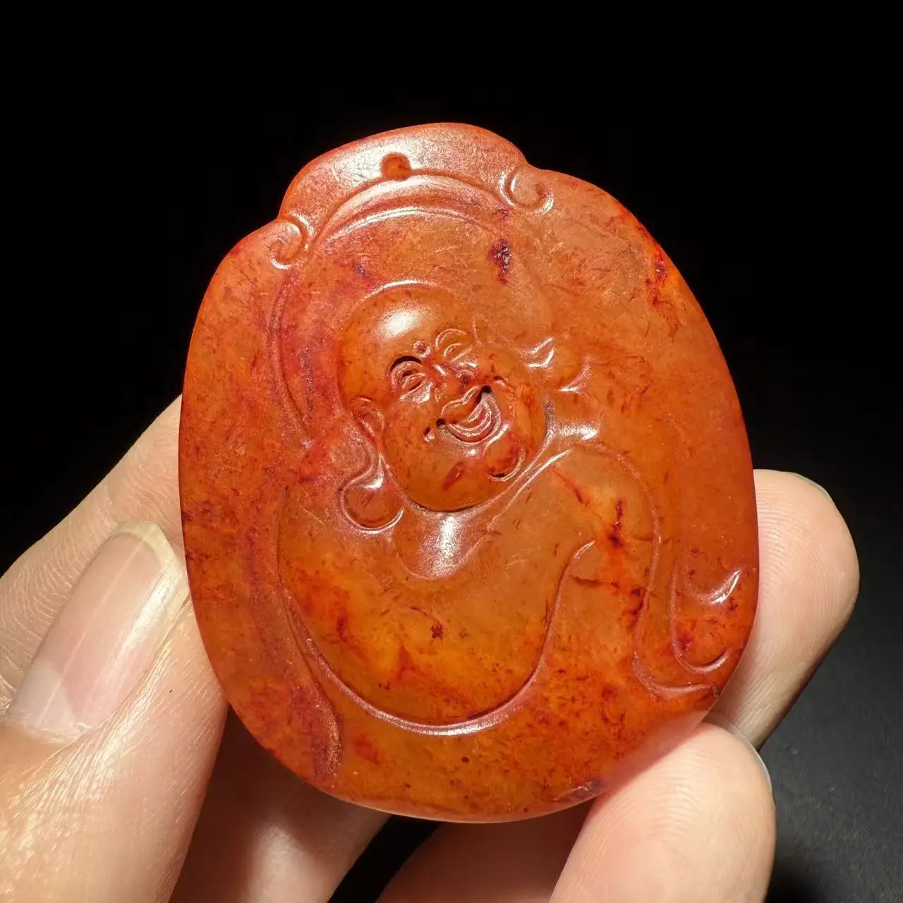 China Hongshan Culture Old Jade Carve Fengshui Maitreya Buddha bird animal Pendant 51x42mm